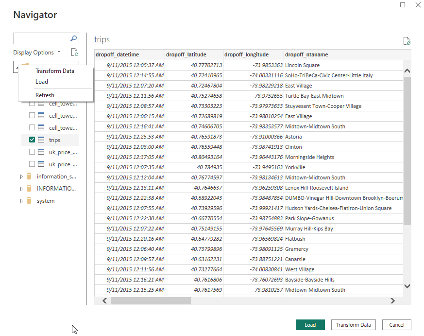 Окно Power BI Navigator с таблицами базы данных ClickHouse �и примерами данных